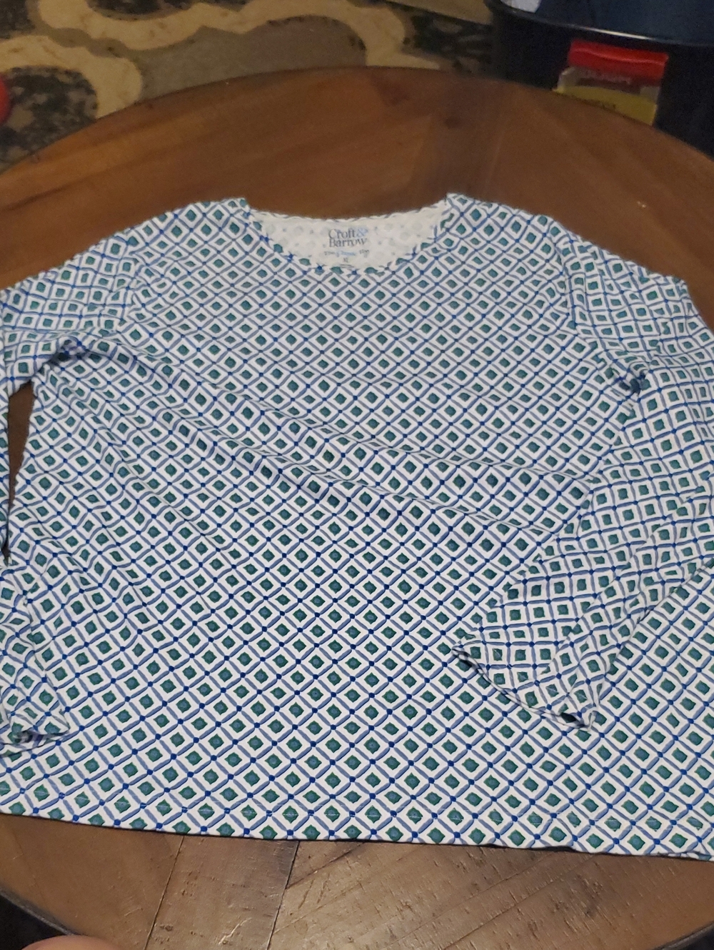 croft & barrow Blue and White Diamond-Print Long Sleeve Tee